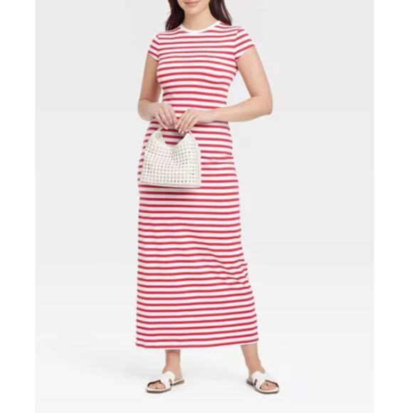 A New Day Women's Red White Striped Short Sleeve Knit Maxi Dress Size L - Picture 3 of 7